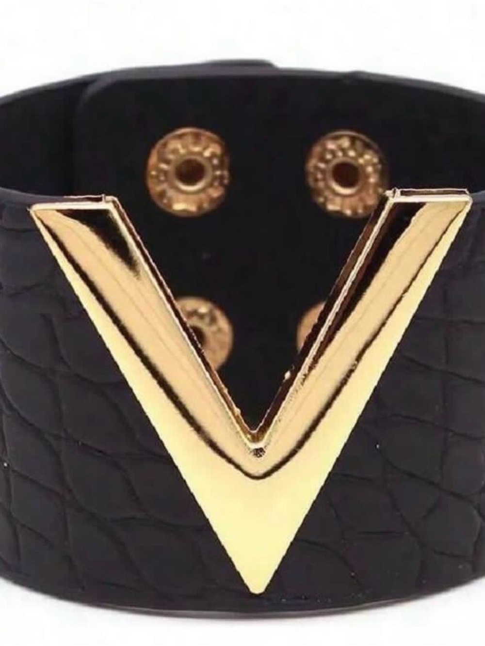 Black Textured Bracelet with Gold V Accent
